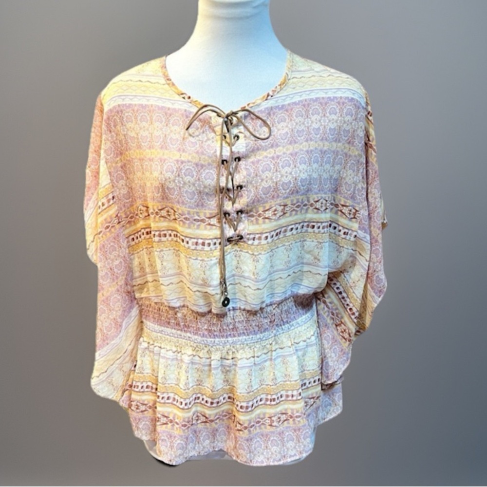 BoHo Southwestern CHIC Sheer Bodice Corset Tie Butterfly Wing Top S/M